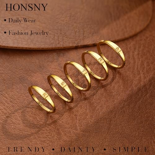 Honsny Gold Initial Rings for Women Non Tarnish Dainty 14K Gold Filled Ring Pinky Thumb Thin Bands Letter Waterproof Personalized Stackable Rings for Women Size 6-10 Jewelry Birthday Gifts - color: M, size: 7