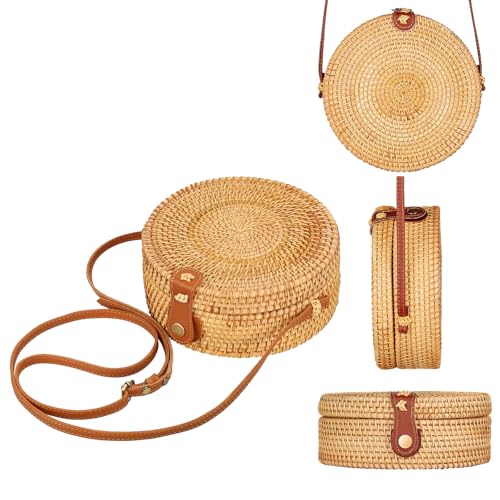 Boho Rattan Crossbody Bag, Handwoven Round Rattan Bag Purse for Women, Tote Basket Circle Boho Bag for Travel Summer Picnic - style: Rattan Bag With Adjustable Strap