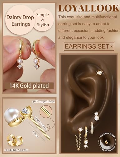 LOYALLOOK Hypoallergenic Flat Back Stud Hoop Earrings for Women, 14K Gold Plated Surgical Steel Earring Stacks Set for Sensitive Ears, Dainty Dangle Chain Silver Cartilage Earring Trendy Piercing Jewelry - color: Gold-pearl