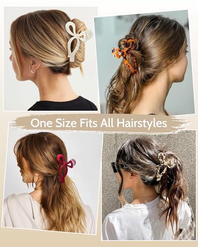Mesovor 4 Pack Elegant Bow Hair Claw Clips, Nonslip 4.3" Large Hair Grip Hairclips for Thin and Thick | Acrylic Hair Strong Hold Hair Jaw Clamps (Cherry Red, Beige, Leopard) - color: Cherry Red, Beige, Leopard