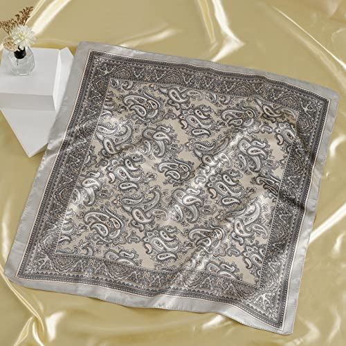 QBSM Womens 23.6 inch Satin Silk Feeling Formal Square Neck Scarf Head Hair Wraps Kerchief - color: Cashew Flowers-creamy-white
