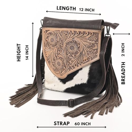 Merbaa Sunset Star Crossbody Bag - Real Cowhide Hairon Women's Handbag with Leather Fringes - color: Brown