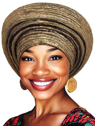 Woeoe African Head Wraps for Black Women Gold Pre Tied Headdress Wedding Turban Hats - color: Gold