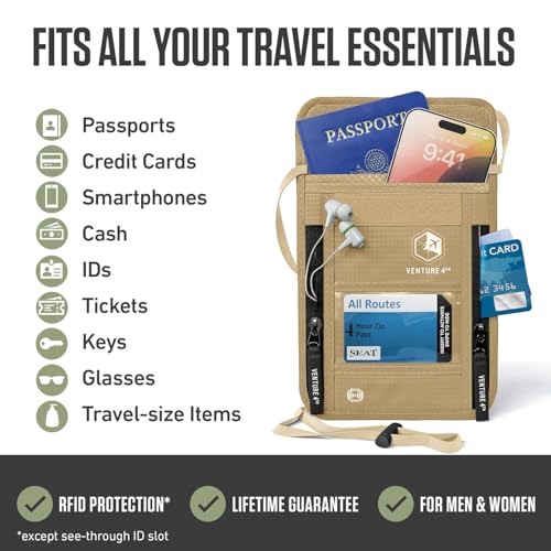 VENTURE 4TH Neck Wallet – RFID Blocking Passport Holder for Travel, Hidden Passport Wallet, Concealed Travel Wallet for Women, Men & Family (Beige) - color: Beige