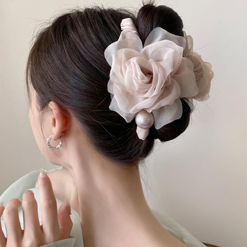 Large Chiffon Rose Flower Hair Claw Clips Boho Mesh Floral Hair Pins Barrettes Strong Hold Non-Slip Beach Vacation Hair Accessories for Women (Pink Large Chiffon Claw with Pearl) - color: Pink Large Chiffon Claw with Pearl
