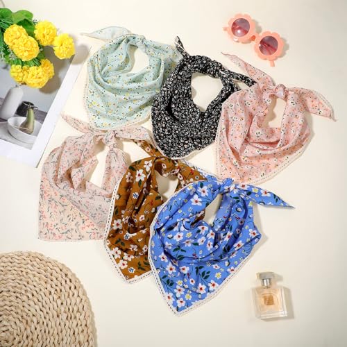 6 Pcs Floral Head Scarf Hair Bandanas Colorful Floral Bandana Headband Triangle Head Kerchief Women Bandana Print Chiffon Boho Hair Scarf Neck Scarves Hand Wrap Hairbands