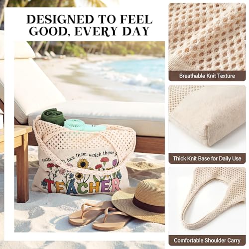 Shinylin Personalized Crochet Tote Bag for Beach Women Beige Mesh Knit Shoulder Bag Boho Aesthetic Tote for Women - style: Teacher Flowers
