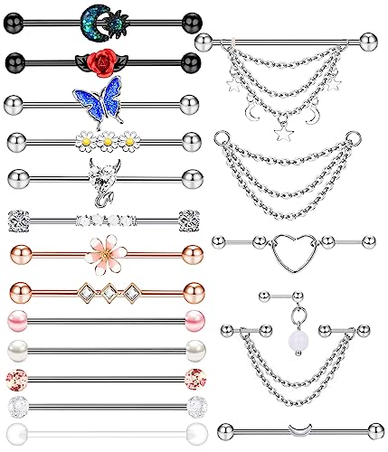 Suotarn 14G Industrial Piercing Jewelry For Women Men Stainless Steel 38 Industrial Barbell Long Cartilage Helix Conch Earrings Stud 14G Gauges Industrial Jewelry Butterfly Heart Cool 7-18pcs - color: Set #1