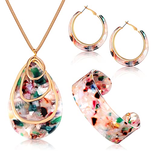 Kenning 4 Pcs Boho Jewelry Set for Women Summer Earrings Necklace Set with Bracelet Colorful Acrylic Statement Jewelry - style: Water Drop