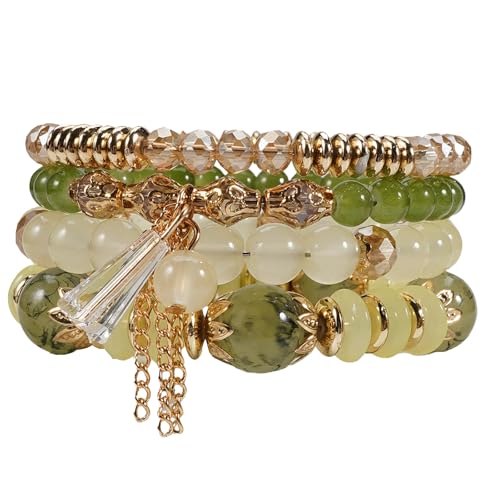 Bohemian Bracelet Sets for Women - 4-Pack Stackable Stretch Bead Bracelets with Black＆White Crystal & Gold Accessories, Multi-Layer Boho Jewelry - color: green