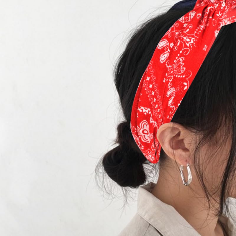 Red Knotted Boho Paisley Headband for Women's Hair - Non-Slip Turban Twist Knot Bandana Hairband - color: red