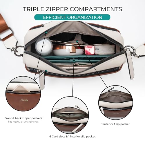 Alldaily Small Triple Zip Crossbody Purse for Women, Vegan Leather Phone Bag with Wide Shoulder Strap - color: Brown & White & White