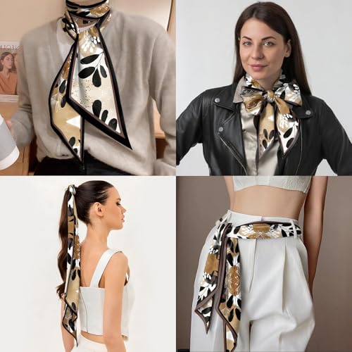 Head Hair Scarf Neck Silk Feeling Scarves Long Thin Satin Fashion Handbag Cute Decoration Women Girls 59 * 6.7'' - color: O-12-leaf