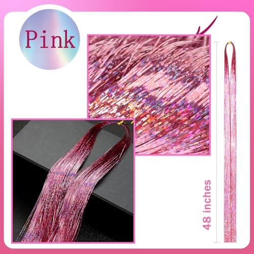 NIACONN Glitter Hair Tinsel Extensions Kit Pink with Tools and Beads, 48 Inch Sparkly Fairy Colorful Tensile Strands Shiny Hair Accessories for Women Girls Kids - color: Pink