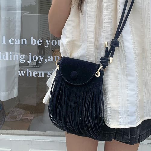 Women Leather Fringe Messenger Bag Mini Hobo Crossbody Tassel Shoulder Bags - color: Suede Black