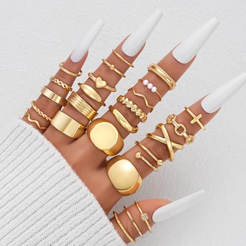 YEEZII 25 Pcs Gold Knuckle Rings Set for Women, Cute Stackable Finger Midi Rings, Dainty Gold Chunky Stacking Statement Womens ring pack - color: Gold-B-25 Pcs