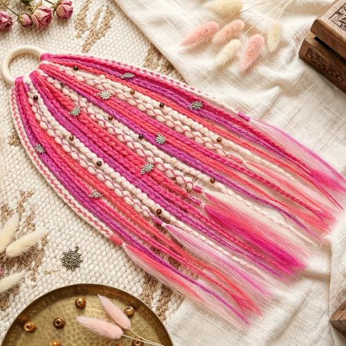 SEIKEA Boho Braided Ponytail Extension on Hair Tie, 16" Full Volume Lightweight Viking Dreadlock Ponytail Braid in Dreadlock Extensions with Beads and Shells, Festival Hair Accessories for Women Girls - color: Neon Pink Festival Blend
