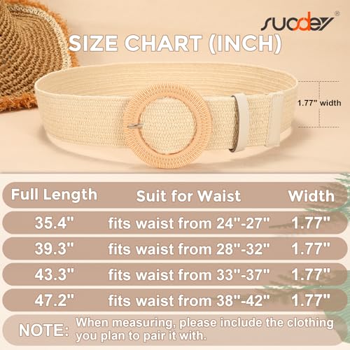 SUOSDEY Straw Woven stretchy Waist Belt for Women Dresses,Wide Boho Braided Elastic Belt with Round Buckle - color: 05-beige, size: Fits waist from 33"-37"