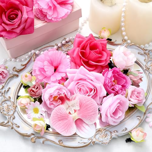 BBTO 21 Pcs Flower Hair Clip Rose Hair Clips Barrettes for Women Flower Accessories Boho Bride Claw Clip Hairpin Brooch Pin Headpiece for Wedding (Pink Series) - color: Pink Series