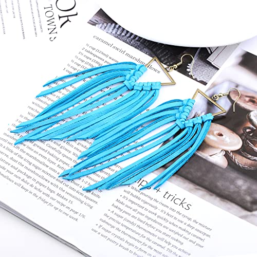 Fringe Leather Earrrings Triangle Deerskin Leather Boho Western Statement Dangel Earrings for Women - color: Blue