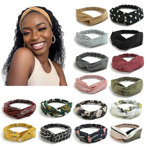 DRESHOW 16 Pack Turban Headbands for Women Elastic Back Twisted Hair Bands Face Vintage Cross Head Wrap Hair Accessories - color: 16 Pack: Striped, Polka Dot, Solid, Floral