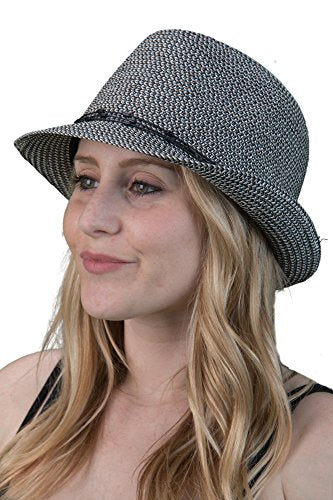 Funky Junque Straw Fedora Hats for Women - UPF 50+ Sun Hat, Short Brim Packable Beach Hat with Woven Pattern - color: 2 Pack - Black & Brown Multi W/ Beaded Ropes
