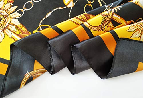 vabovin Satin Head Scarf for Women Silk Like Hair Scarf, 35 x 35 in | Silk Feel Fabric, Hair Wrap for Sleeping, Headscarf and Neck Scarf, Square Bandana Style, Fashion Accessory - color: 014 Black Golden Chain Print