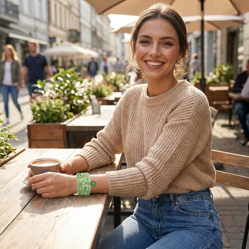 Bohemian Bracelet Sets for Women - 4-Pack Stackable Stretch Bead Bracelets with Black＆White Crystal & Gold Accessories, Multi-Layer Boho Jewelry - color: multi-color