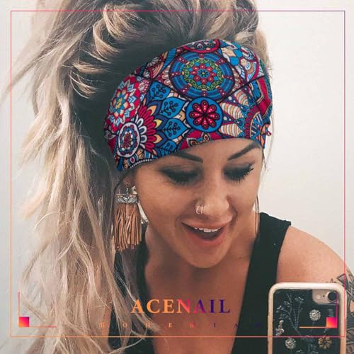 Acenail Boho Wide Headbands Knotted Hairbands Non Slip Printed Head Wraps Turban Workout Head Bands Elastic Yoga Hair Scarfs Bohemian Fashion Hair Accessories for Women 4Pcs (Fashion) - color: Fashion