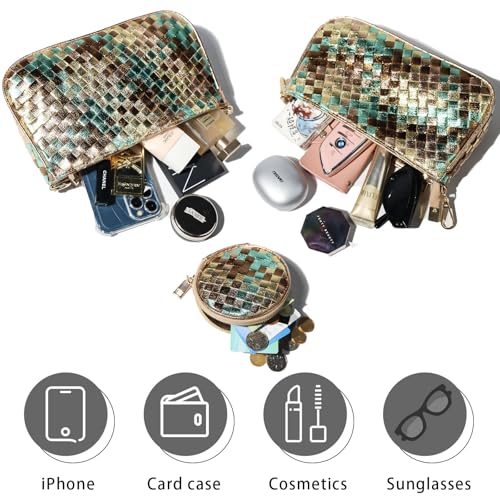 Handmade Woven Small Crossbody Bag for Women with Coin Purse, Designer Shoulder Handbag 3pcs Set, Mini Tote Clutch - color: Champagne Multicolor