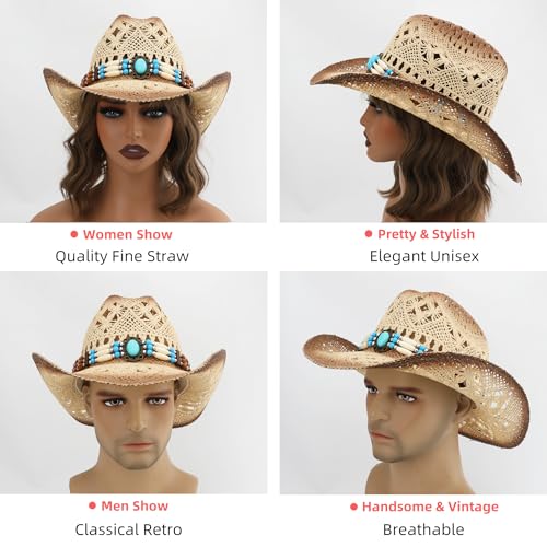 Straw Cowboy Hat, Western Cowgirl Hat, Wide Brim Sun Beach Hat for Men and Women - color: Khaki-m29