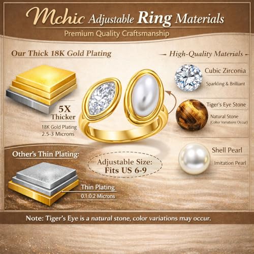 Mchic Adjustable Chunky Rings for Women: Dainty Natural Gemstone Ring Stainless Steel 18K Gold/Silver Plated Band Rings Non Tarnish Waterproof Statement Fashion Jewelry Gift for Women - color: Gold+Mother Pearl+Cubic Zirconia