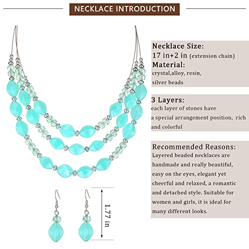 3 Layered Chunky Statement Necklace for Women Beaded Strand Necklaces with Earring Fashion Costumes Collar Necklace Jewelry Sets Gifts for Women - color: Turquoise
