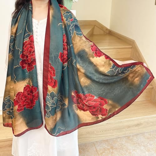 Long Silk Like Scarf Lightweight Satin Scarves Large Sunscreen Shawl Wrap for Women - color: 013.flowers Red and Blackish Green