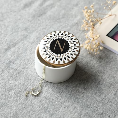 COLLECTIVE HOME - Monogram Jewelry Box, Bohemian Ceramic Trinket Box, Storage for Necklace Ring Bracelet Keys, Birthday Mother's Day Christmas Gift for Women, 3.25" x 2.5" (N) - color: N