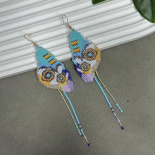 Handmade Seed Beaded Earrings, Lightweight Boho Fringe Dangle Earrings, Glass Bead Drop Jewelry for Everyday Wear & Party, Women Gifts - color: Budgie