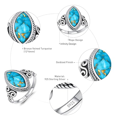 AVECON Turquoise Rings for Women, 925 Sterling Silver Boho Statement Ring Infinity Design, Marquise Cut Turquoise Vintage Western Style Birthday Mother's Day Jewelry Gift, Size 5-9