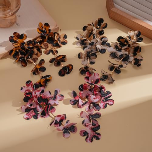 Boho Leopard Print Floral Earring Long Multi Layered Tassel Flower Earrings Fabric Flower Statement Earring Fashion Jewelry Accessories for Women - color: Pink