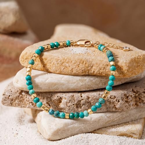 Fettero Beaded Bracelets for Women Charm Natural Stone Handmade Beads White Gold Plated Dainty Gold Bracelets Non Tarnish Boho Summer Beach Vacation Jewelry - color: Green Tur