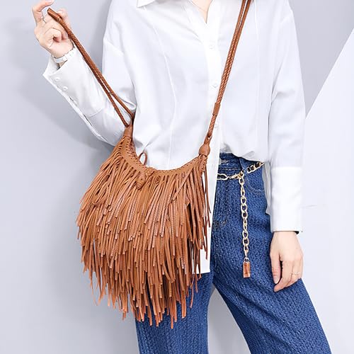 Tassel Shoulder Bag Vintage & Stylish Women PU Leather Bohemian Fringed Crossbody Shoulder Hobo Fringe bag - color: Brown-9x7.87in