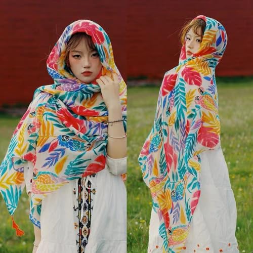 WaJuemy Travel Boho Scarf for Women Casual Lightweight Pashmina Scarves Fashion Multicolor Shawl Wraps with Fringed Beads - color: 05 Beige Floral
