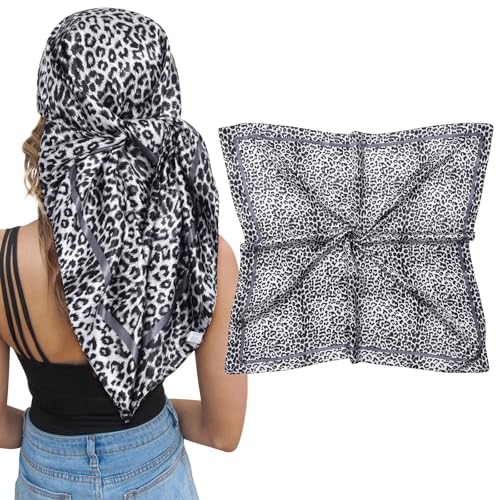 AWAYTR Satin Silk Scarf - Large Hair Bandana, Sleeping Wrap for Women - color: Leopard Print (Black&white)