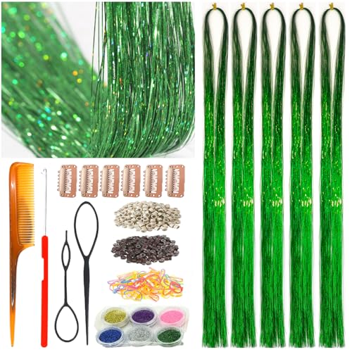 Celinebella Forest Green Hair Tinsel, 48" 1250 Strands Emerald Shimmer | Rich emerald forest green tone, festive shimmer, heat resistant, for St. Patricks Day spring outdoor events - color: 11-Emerald Glimmer, size: 48 Inch Pack of 5Pcs