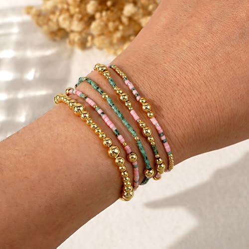14K Gold Beaded Ball Stackable Bracelets for Women,Bohemian Stretch Colorful Seed Beads Bracelet Stack Fashion Holiday Jewelry Gift Friendship - color: Turquoise