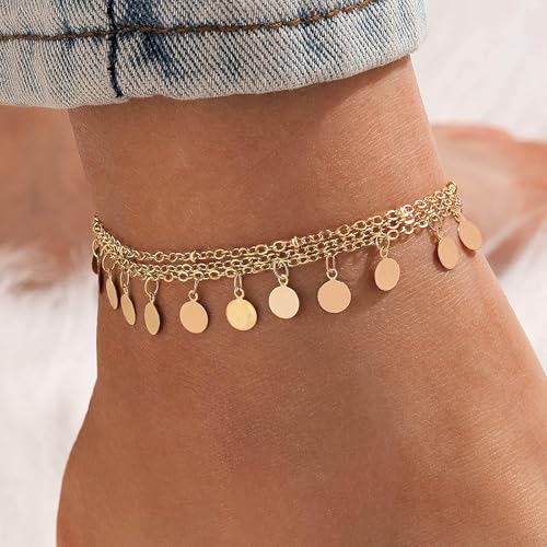 Fesciory Women Heart Anklet Adjustable Beach Layered Ankle Bracelets for Women Gold Alloy Foot Chain Jewelry - color: 3 Layered Disc