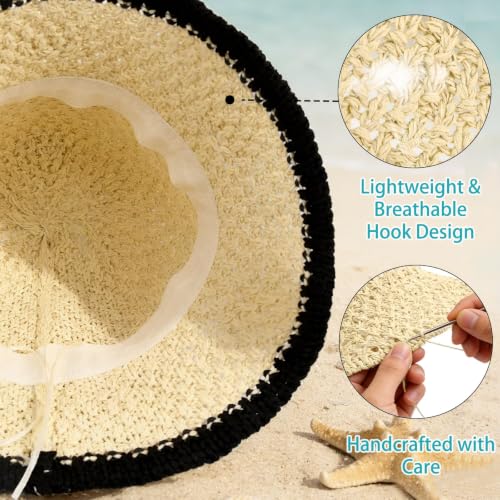 Sun Hat for Women Beach Hat Straw Bucket Hat Summer UV Protection, Packable Breathable Crochet Style - color: 1pack-beige-black-brim
