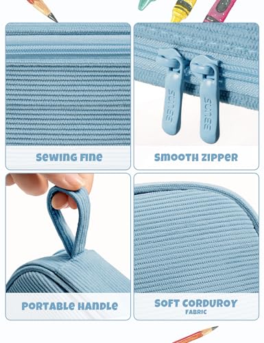 SUNEE Cute Pencil Case, Large Pencil Pouch, Aesthetic Big Pencil Bag with Zipper, Kawaii Stationery Storage and Organizer, School Supplies for Teen and Adult, Boys&Girls, Soft Corduroy Grey Blue - color: Grey Blue