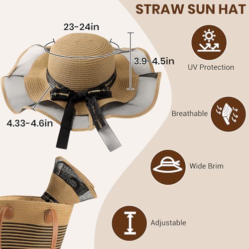 Beach Hats for Women, Wide Brim Sun Straw Hat for Women, Sun Hat UPF 50+ UV Protection - color: Khaki Brown Mesh