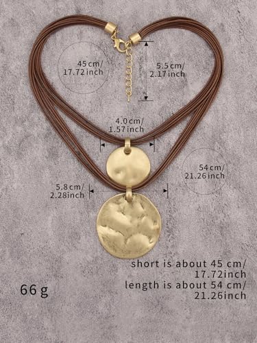Leather Necklace for Women Large Pendant Hippie Choker Necklace Vintage Sweater Necklace Chunky Boho Necklaces for Women - style: Funky Statement Necklace