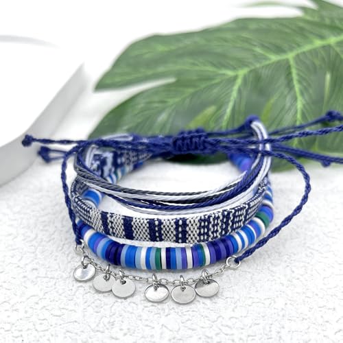 Beach Summer Ankle Bracelet for Women Handmade Braided Adjustable String Anklets Waterproof Surfer Bracelet - color: Blue 25
